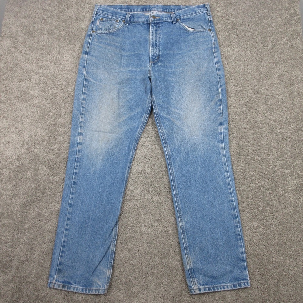Carhartt Jeans Mens 38x32 Blue Traditional Fit Faded Workwear Denim Pants Logo